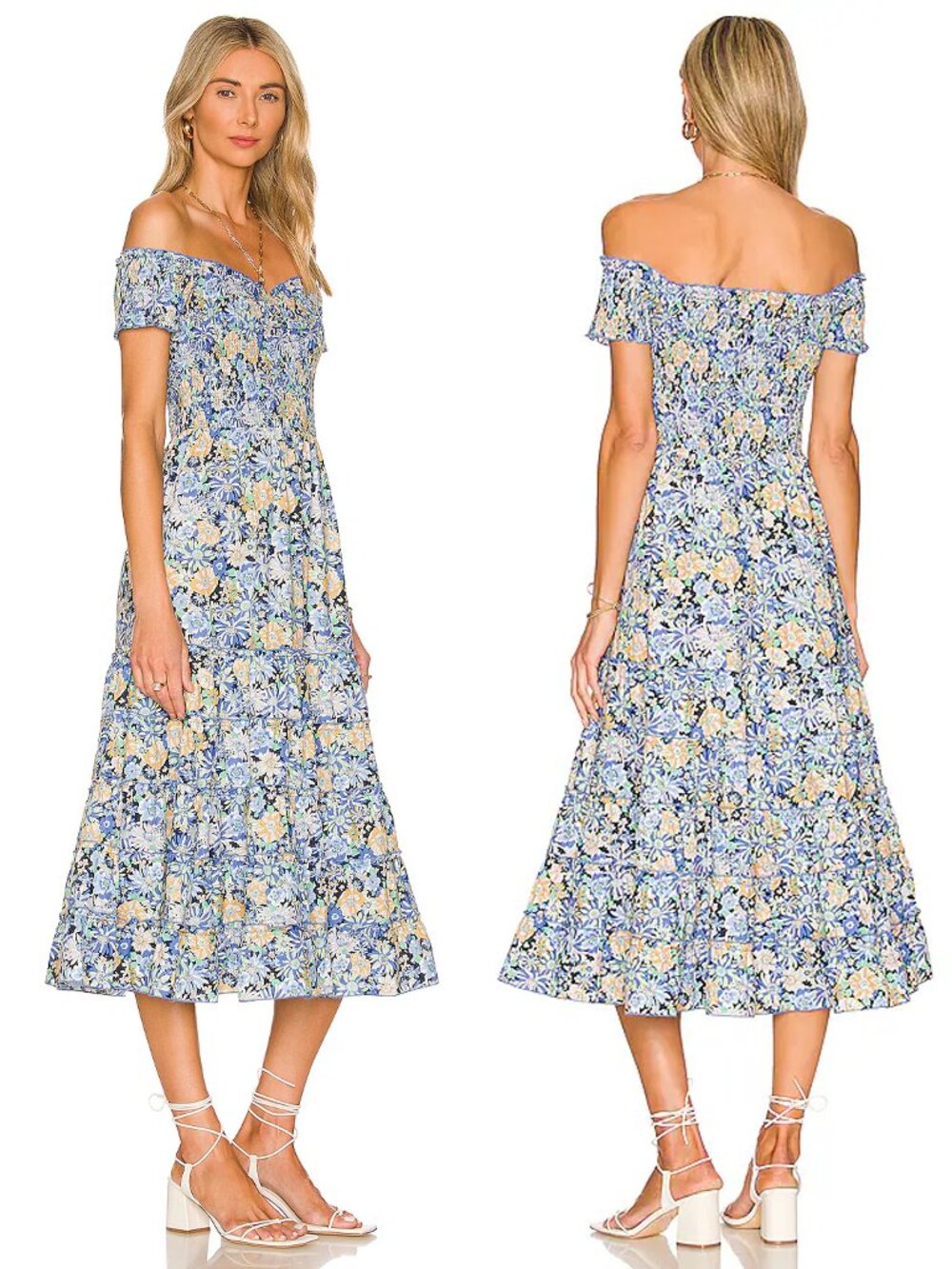 Revolve | Heartloom Mina Floral Midi Dress Indigo - Size Small